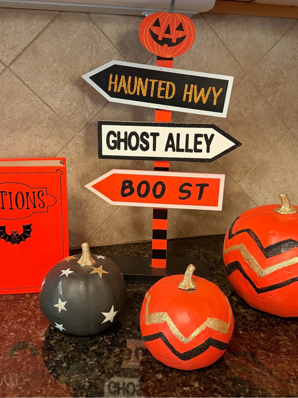 Vibrant Orange Halloween Lot! Pumpkins, sign, Fake Potion Book.